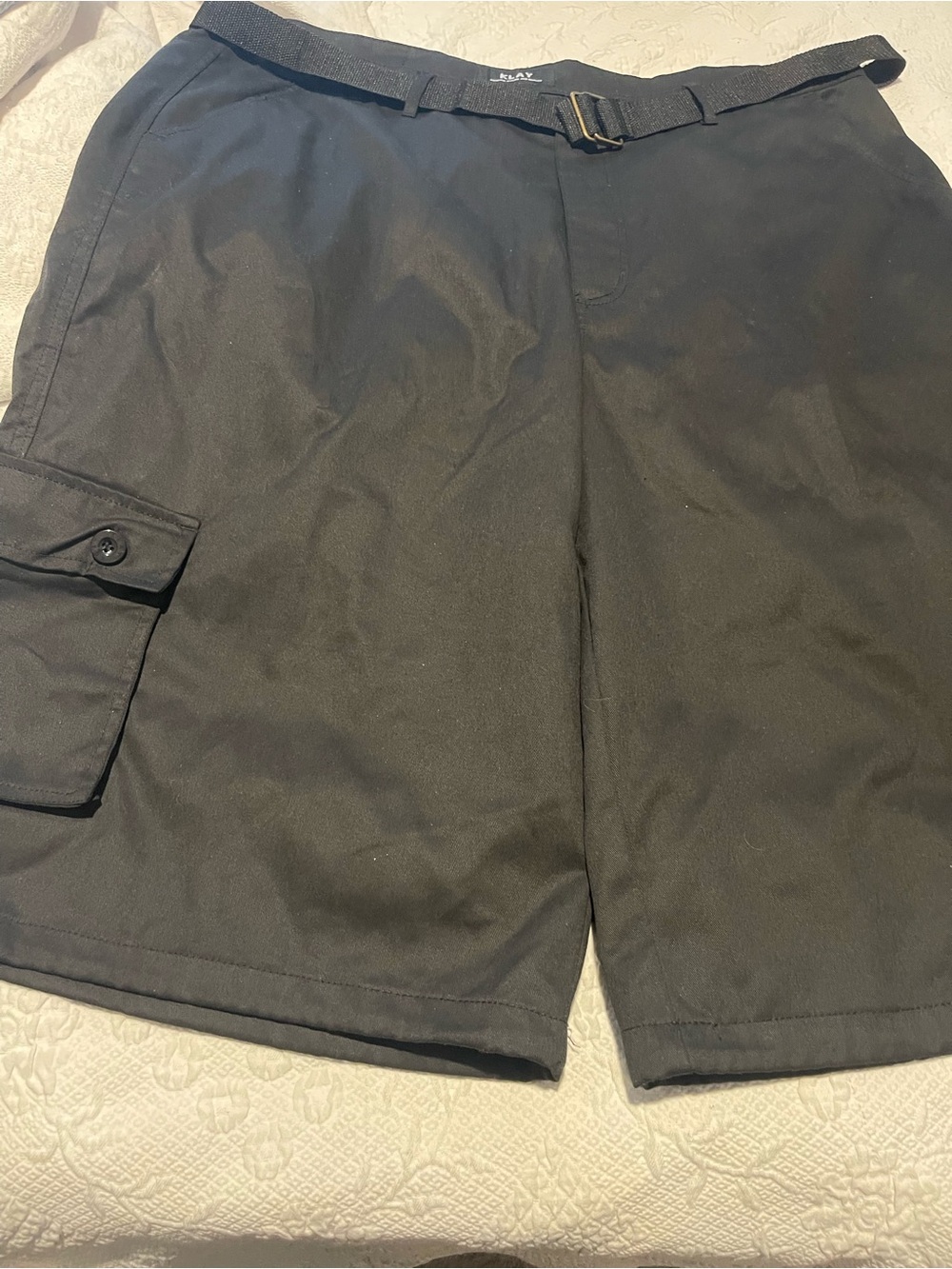 KLAY Black Men's Cargo Shorts with Canvas Belt 44W 15inseam 15 Rise Ties at hem